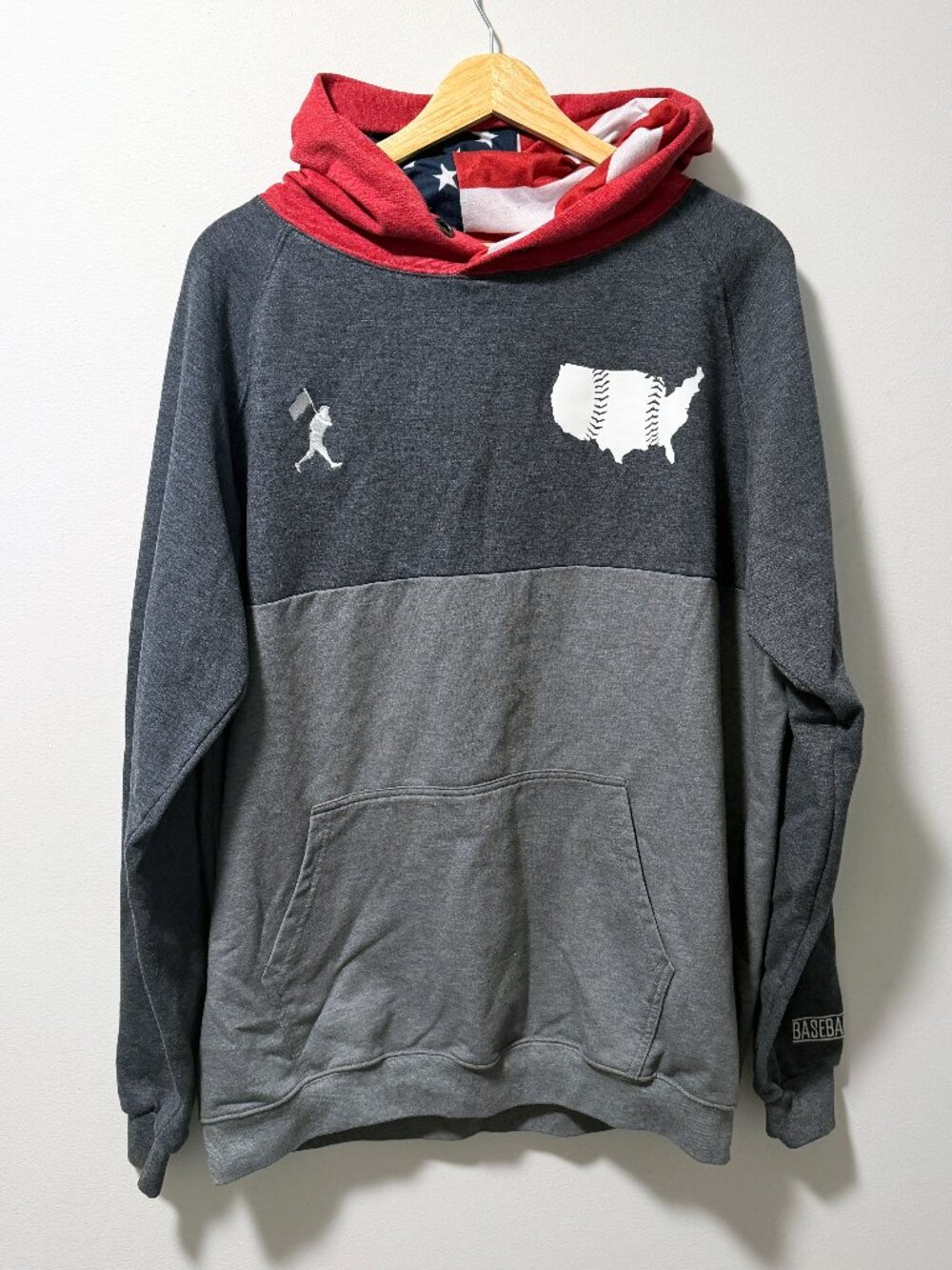 Baseballism Hoodie Gray Colorblock Pullover Mens XL USA Flag Lined